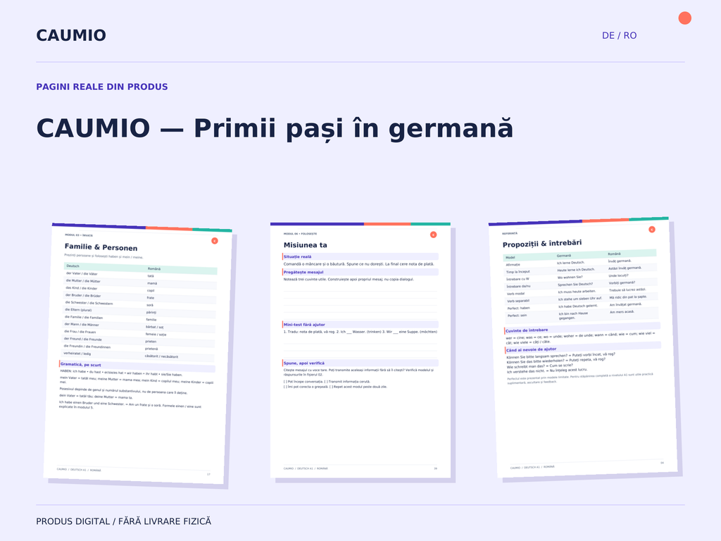 Real pages from the German A1 workbook with Romanian explanations
