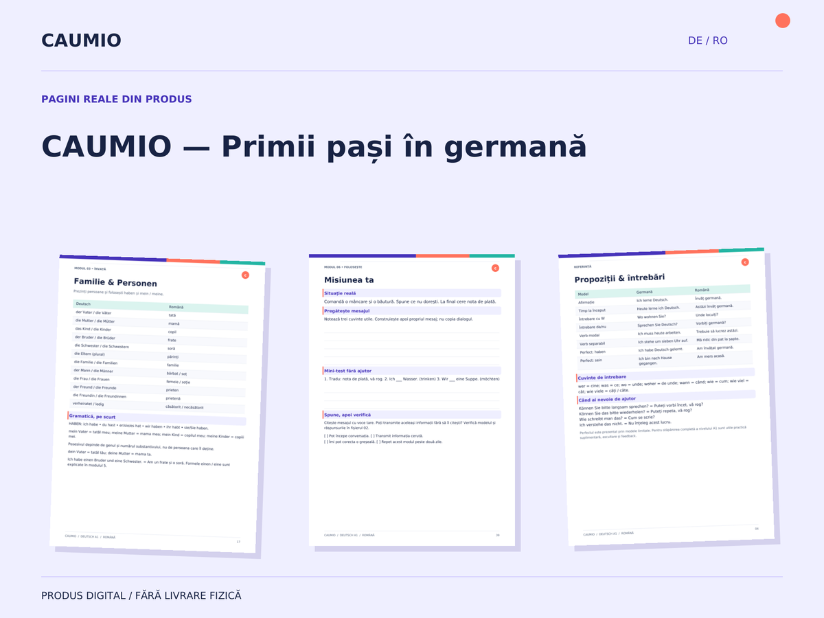 Real pages from the German A1 workbook with Romanian explanations