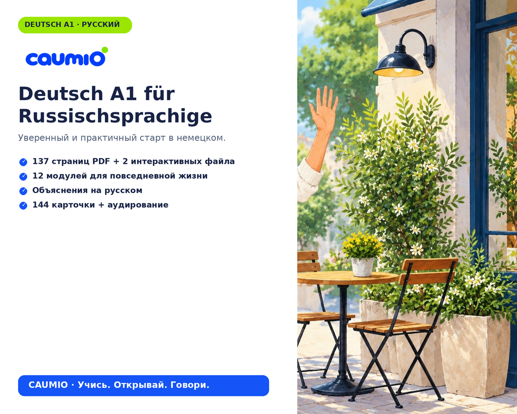 CAUMIO German A1 learning pack with Russian explanations, 137 PDF pages and interactive practice