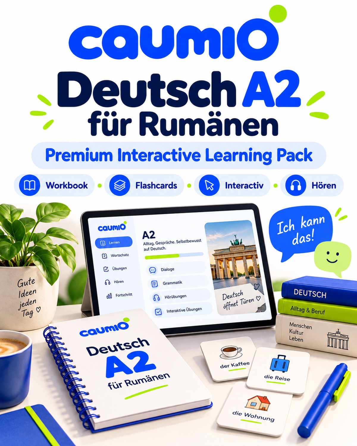 CAUMIO German A2 learning pack with Romanian explanations — Main